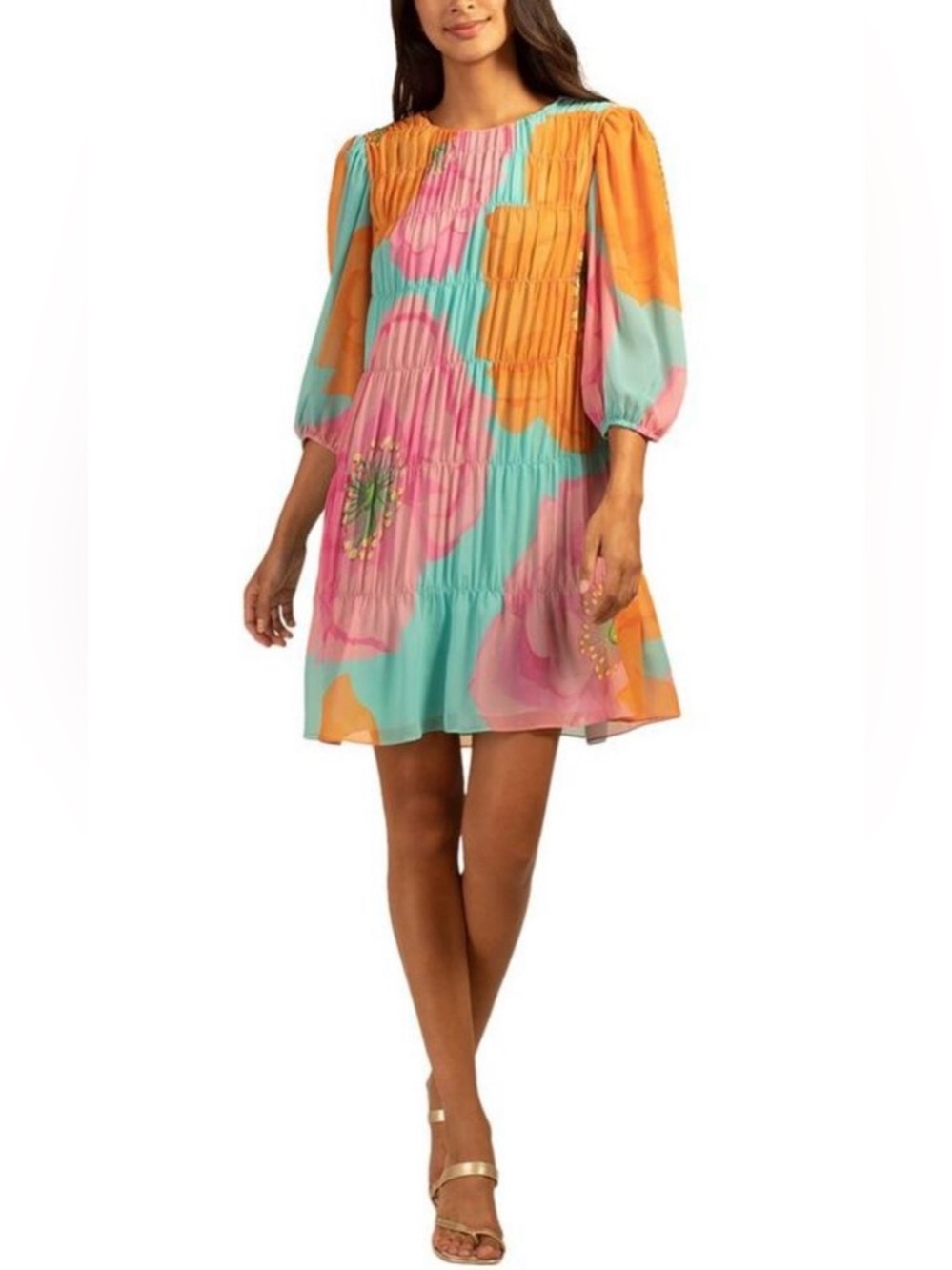 NWT Trina Turk Silvery Plisse Mini Dress Turquoise Orange Pink Floral Print XL